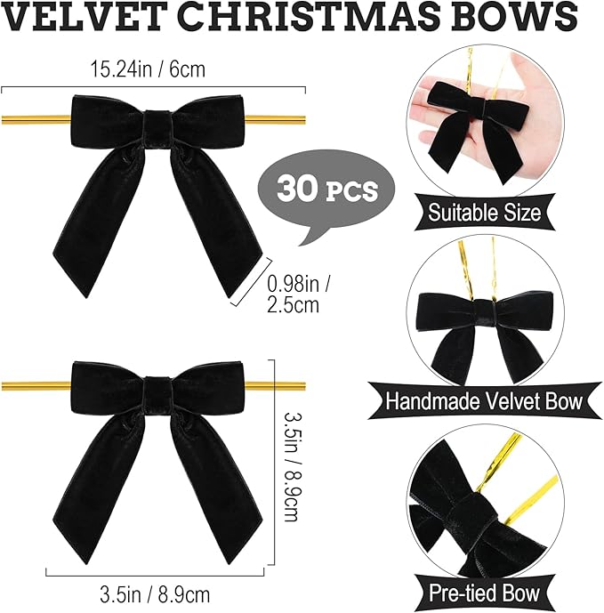 30 Pcs Velvet Ribbon Bows 3.5" x 3.5" Pre Tied Christmas Velvet Bows with Twist Tie for Gift Packaging Christmas Tree Wreaths Door Windows Wedding Party Decoration(Black)