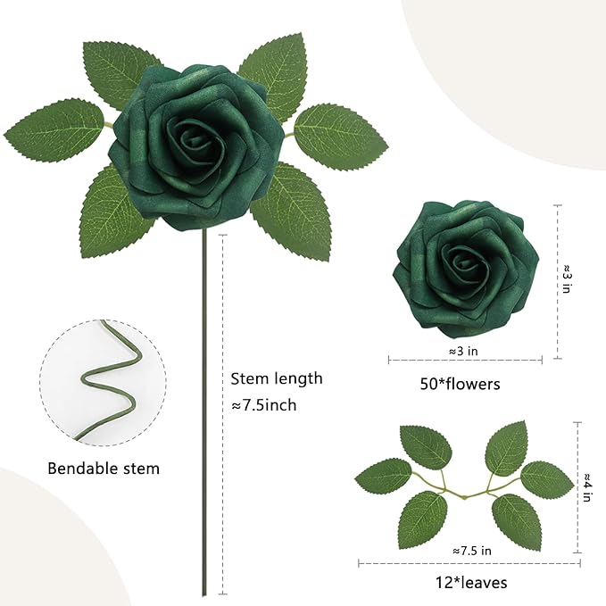 Artificial Flowers 50Pcs Peacock Green Roses Real Looking Foam Fake Roses with Leaves and for DIY Wedding Bouquets Bridal Shower Centerpieces Party Decorations (Peacock Green, 50)