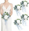 Ling's moment Artificial Flowers Dusty Blue Bridesmaid Bouquet Set of 4, Blue & White Wedding Flowers Bouquets for Bridesmaids, 7 Inch Bridal Bouquets for Bridesmaids
