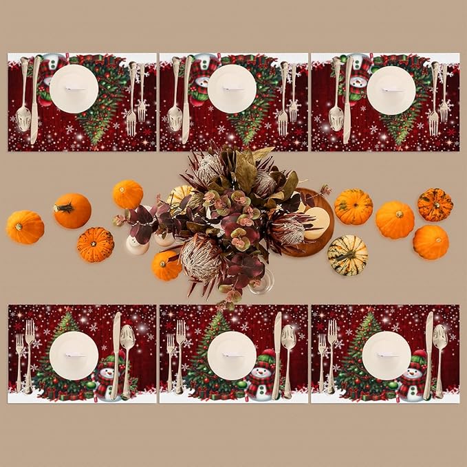 Xmas Christmas Tree Snowman Red Placemats Set of 4 PVC Vinyl Non Slip Table Mats Heat Resistant Place Mats Washable Wipeable Dining Table Mat for Kitchen Decor Party Indoor Outdoor Decorative Gift