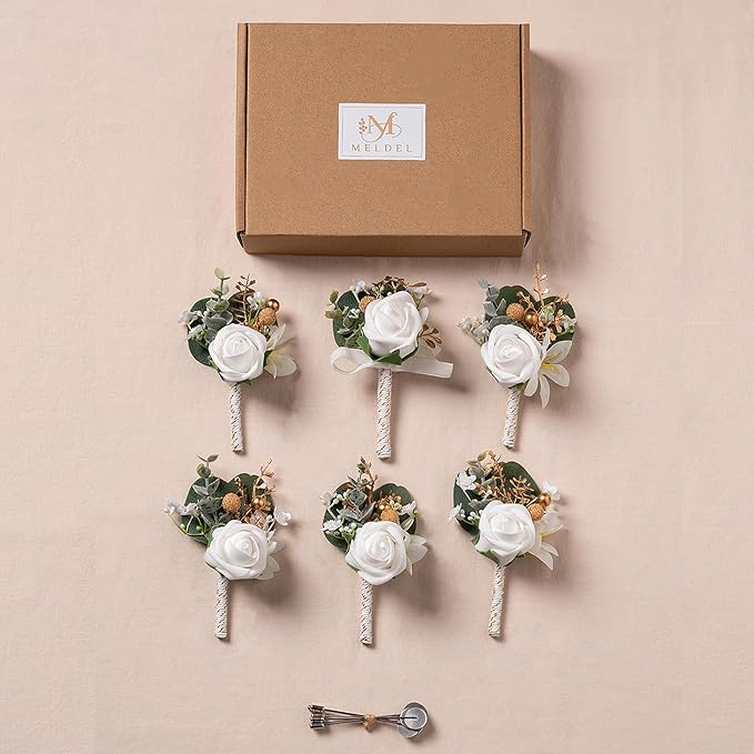 Meldel White Boutonniere for Men Wedding with Pins,Set of 6, Greenery Corsage Rose Groom Groomsmen Boutonniere for Wedding,Prom,Homecoming,Party,etc.