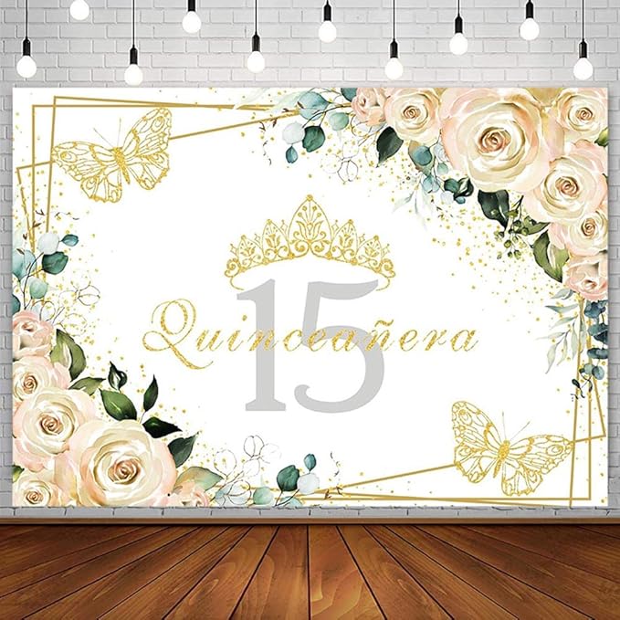 Sendy 7x5ft Quinceañera Backdrop Mis Quince 15 Anos Birthday Party Decorations Supplies Girl Princess White Floral Gold Crown Butterfly Photography Background Banner Photo Booth Studio Props Vinyl