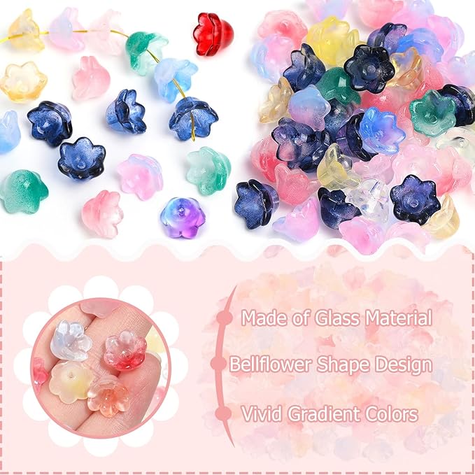 LadayPoa 350pcs Glass Bellflower Beads for Jewelry Making Trumpet Flower Beads Gradient Clear Cute Bead for Bracelets Making Aesthetic Bead Charms for DIY Necklace Decoration-Mixed Colors