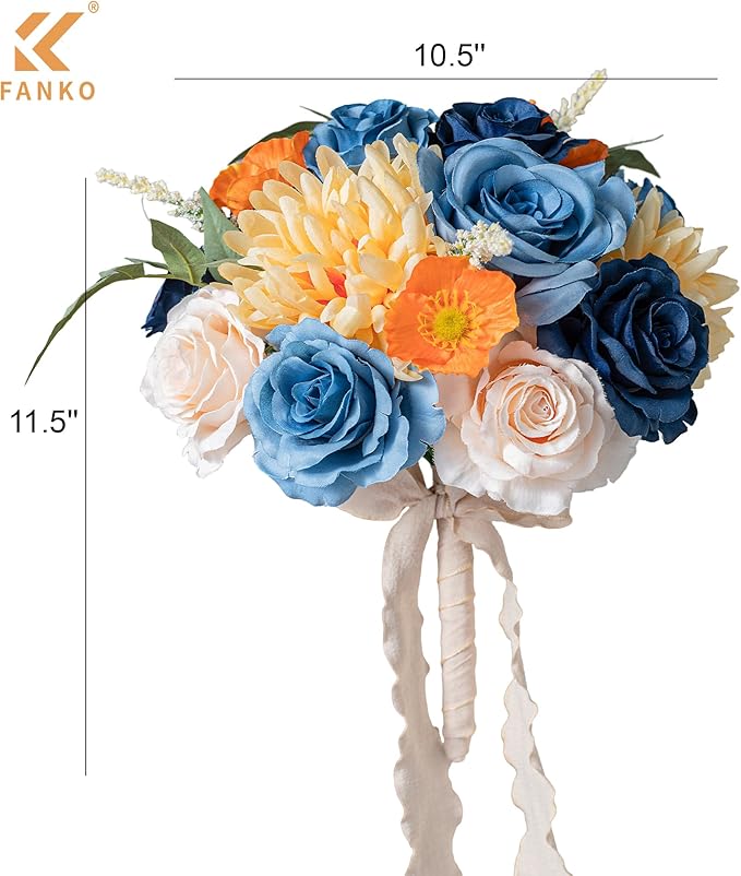 FANKO Artificial Flowers Navy Blue Rose, Mixed Fake Silk Flowers Combo Cream Rose Yellow Chrysanthemum Vintage Assorted Blooms for DIY Wedding Bridal Bouquets/Centerpieces/Home Decor