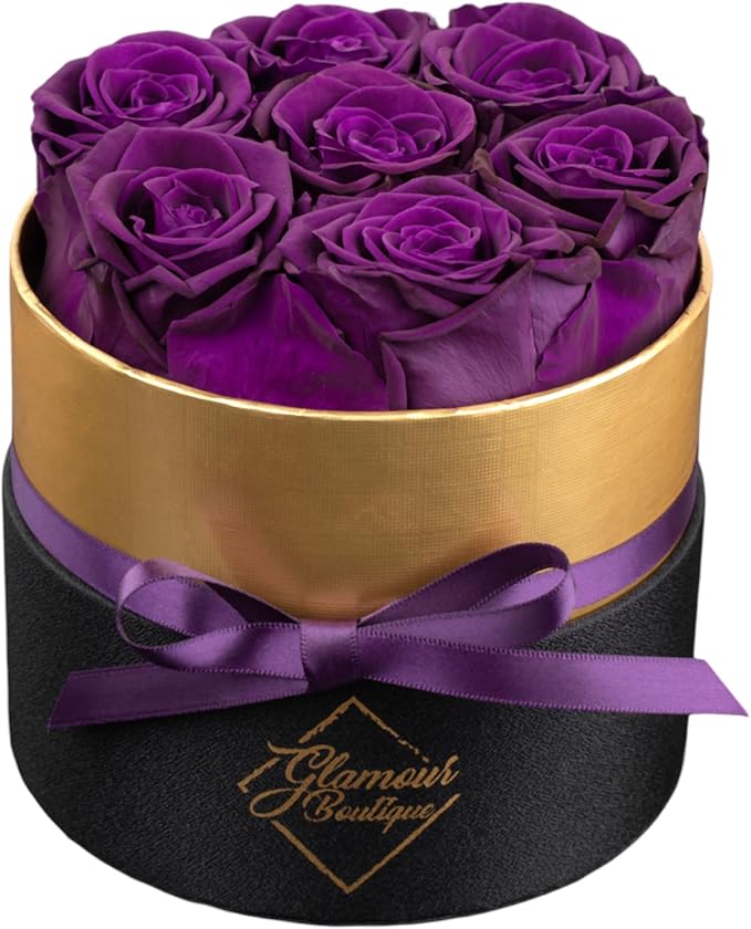 GLAMOUR BOUTIQUE Eternal Preserved Roses in a Box - Flowers Forever, Rose Forever in a Box for Wife, Birthday Gifts for Her, 7 Roses, Purple