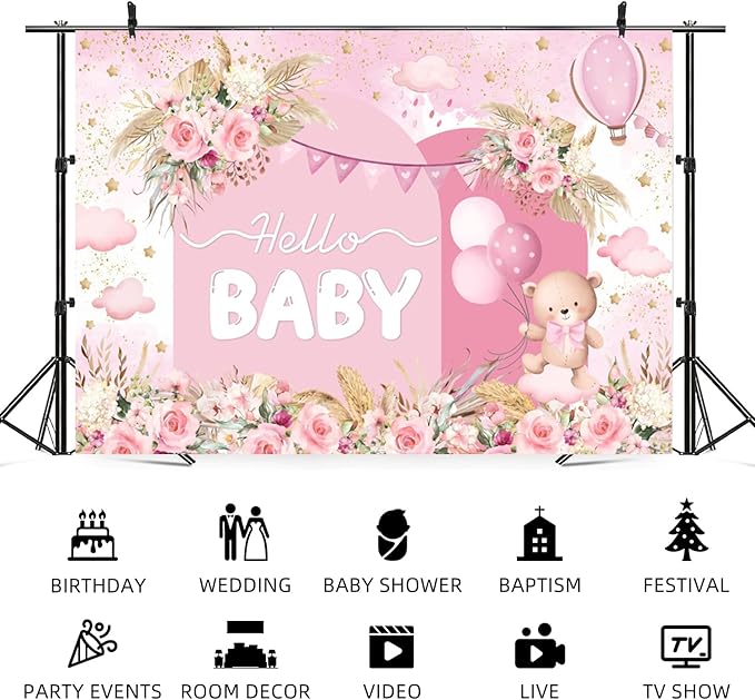 12x8ft Hello Baby Backdrop Pink Gold Boho Floral Bear Baby Shower Photography Background Balloon Stars Clouds Banner Decorations Welcome Newborn Celebration Party Portrait Photo Booth Prop