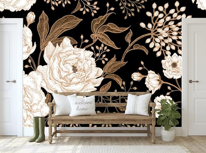 Wall Mural Peonies and Roses Floral Vintage Wallpaper Seamless Gold White Flowers Wall Coverings for Living Room Bedroom Kids Room（Not Peel and Stick）