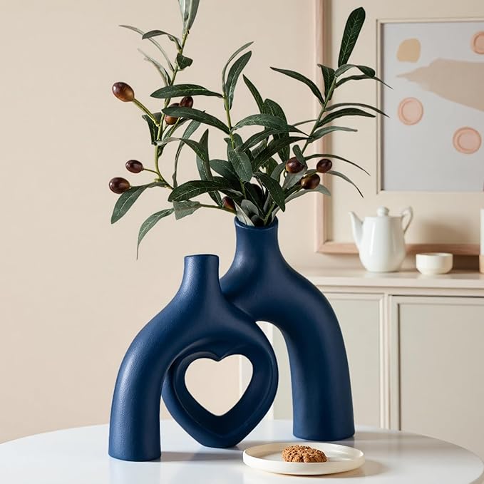 Snuggle Hollow Decorative Ceramic Vase, 8.3 Inch Hug Donut Modern Nordic Boho Style Vases for Aesthetic Home Decor, Anthropologie Living Room Shelf Coffee Table Décor (Navy Blue)