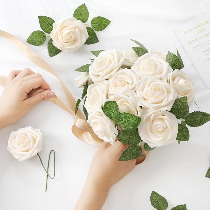 DerBlue 60pcs Artificial Roses Flowers Real Looking Fake Roses Artificial Foam Roses Decoration DIY for Wedding,Arrangements Party Home Decorations