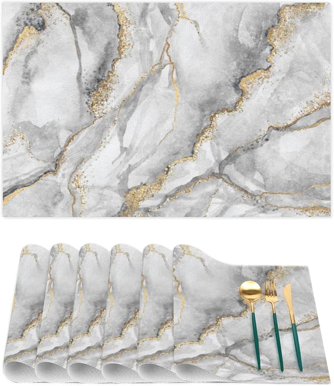 Marble Modern Texture Grey Placemats Set of 4 PVC Vinyl Non Slip Table Mats Waterproof Heat Resistant Place Mats Washable Wipeable Dining Table Mat for Kitchen Party Indoor Outdoor Decorative