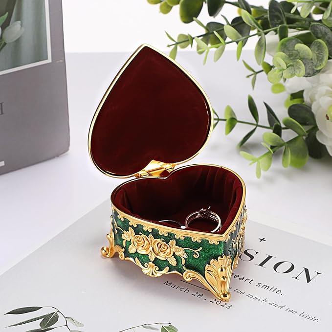 Hipiwe Vintage Jewelry Storage Box Heart Shaped Trinket Box Green Decorative Keepsake Box with Rose Pattern Treasure Organizer Holder for Women