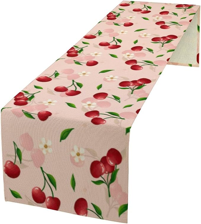 Cherry Table Runner,Spring Summer Fruit Tropical Birthday Party Decorations Dining Room Home Kitchen Table Decor 13 x 60In