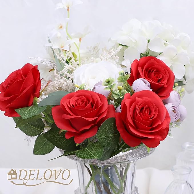52pcs Red Roses Artificial Flowers Red Fake Flowers Silk Roses with Stems for DIY Wedding Bouquets Bridal Shower Centerpieces Arrangements Party Decorations