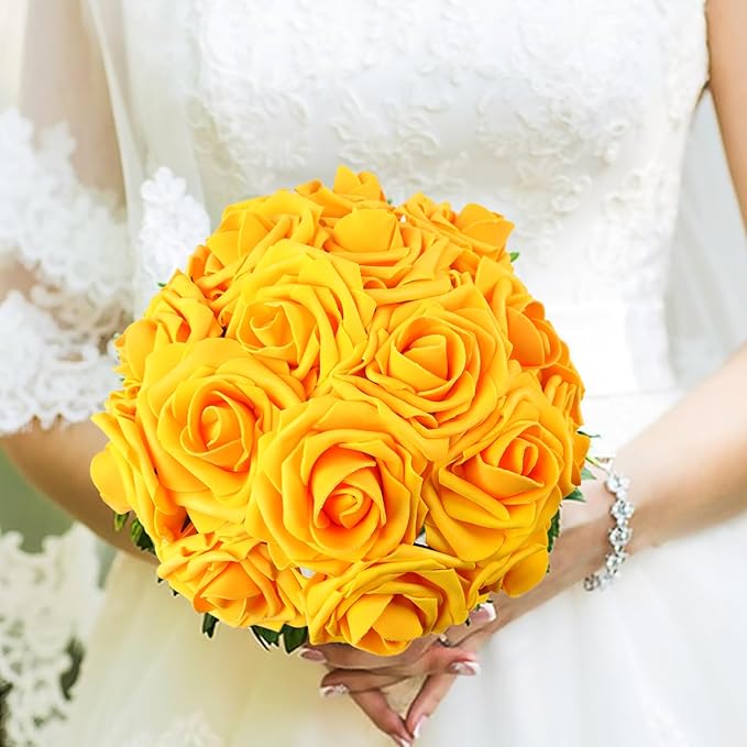 MACTING Artificial Yellow Rose Flowers 60PCS Real Touch Foam Roses with Stem Fake Flowers for DIY Wedding Bouquets Table Centerpieces Party Holiday Home Spring Valentines Day Decorations