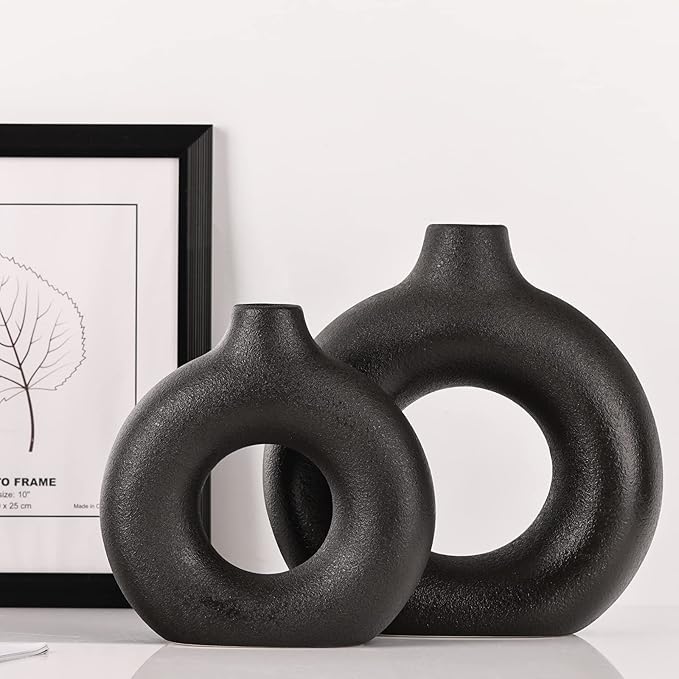 Black Vase Decor Donut Vase Set of 2 - Circle Hollow Vases, Modern Matte Ceramic Vases for Entryway Living Room Bedroom Dining Table Centerpiece Office Home Decor