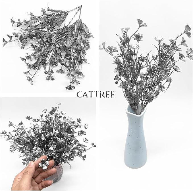 Artificial Plants Decor, Fake Glitter Clover Stem Plastic Flowers Stems Faux Simulation Good Luck Grass Twigs Plant for Wedding Picks Decoration DIY Wreath Crafts Christmas Tree Filler Silver 10 Pcs