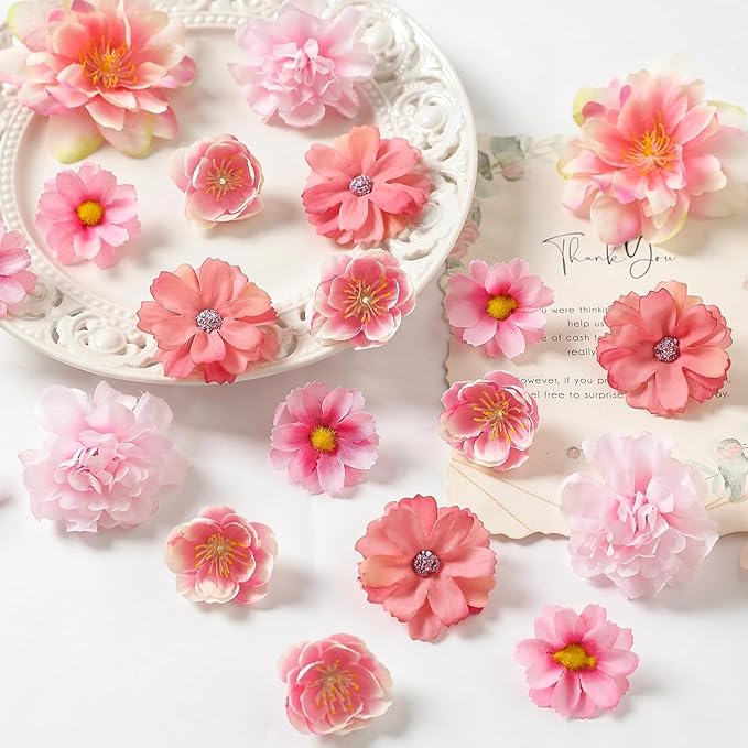 210Pcs Mini Fake Flower Heads Pink Small Silk Faux Flower Heads Artificial Rose Daisy Multicolor Flowers Bulk for Cake Crafts DIY Graduation Cap Wedding Hair Dresses Wreath Party Home Decor