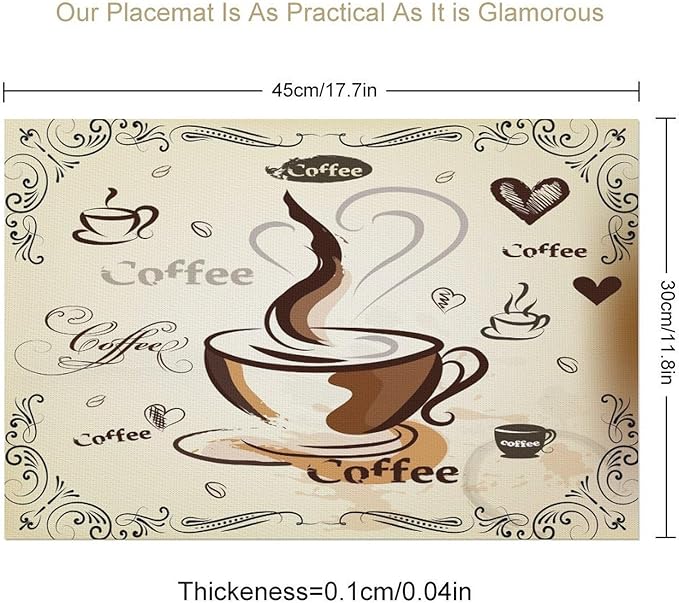 Coffee Kitchen Placemats Vintage Rustic Coffee Theme Latte Tea Cup Cappuccino Placemats Table Kitchen Dining Party 12x18 Inch Set of 6