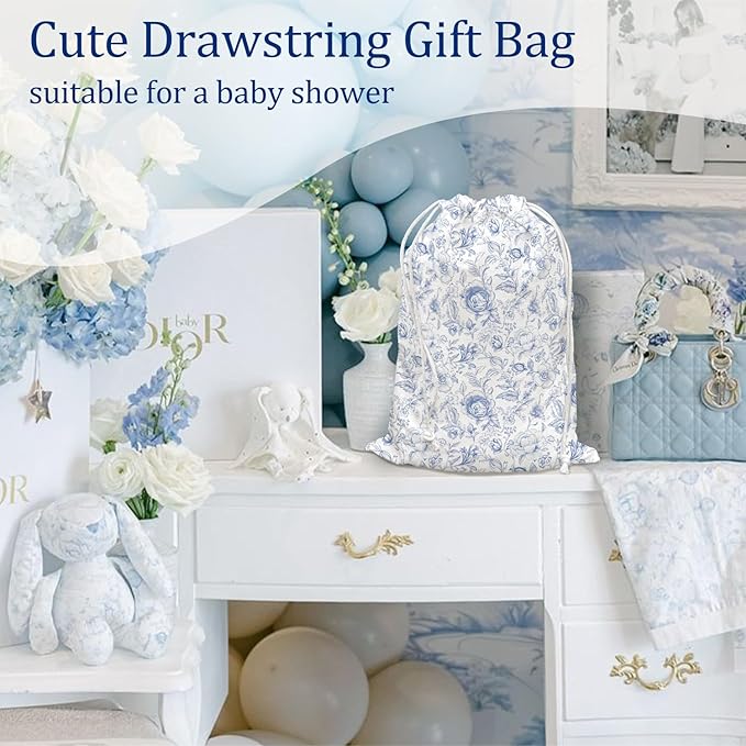 DSHFG Chinoiserie Blue Toile Floral Birthday Drawstring Gift Wrap Bags, Chinoiserie Baby Shower Drawstring Gift Bags Canvas, Blue and White Small Happy Birthday Bag, Gifts for Women, 10x13 Inch