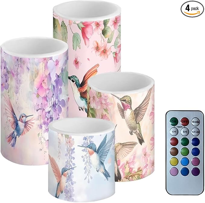 Watercolor Floral Hummingbird Flameless Candles Battery Powered LED Candles with Remote Timer Color Changing Control for Indoor Outdoor Home Decoration Set of 4