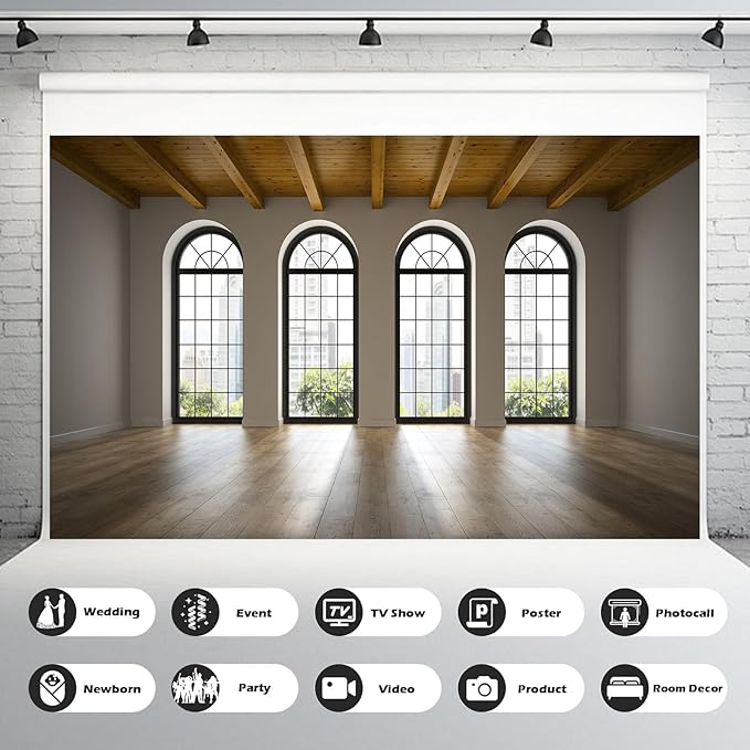 Empty Room Backdrop Concrete Walls Wooden Floor with Big Arched Windows Dance Photography Background Empty Loft Style with Brick Wall Photography Party Decorations Photo Studio Props 8x6ft