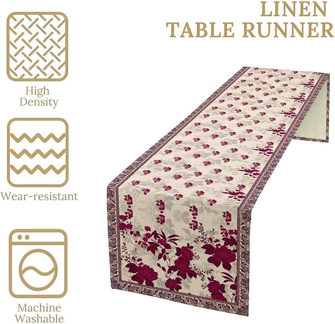 Elegant Floral Table Runner, Vintage Burgundy Maroon Flowers Classic Art Table Decoration Runner for Kitchen Dining Holiday Party Wedding Home Decor, 13x70 Inch