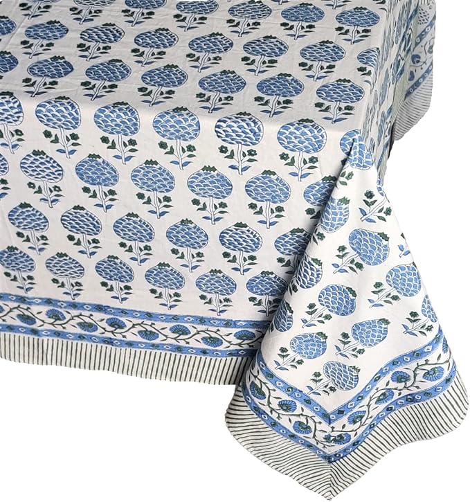 ATOSII Roma Blue 100% Cotton Boho Rectangle Fall Tablecloth, Handblock Floral Print Table Cloth Linen for Kitchen Dining I Parties Outdoors Weddings Holidays I Decor 72 X 108 Inches I 8 Seater