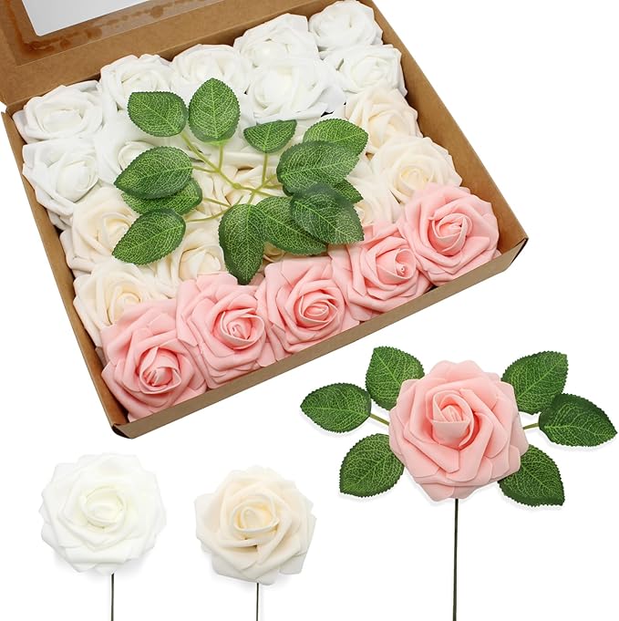 Artificial Flowers Realistic Roses, Real Looking Fake Roses with Stem for DIY Wedding Bouquets Centerpieces Bridal Shower Party Home Romantic Decorations (White/Cream/Light Pink, Regular 3" - 200pcs)