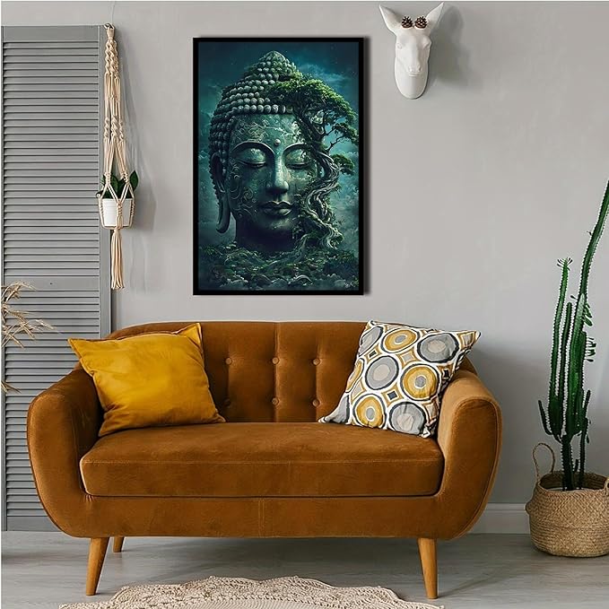 Buddha statue wall art canvas wall decor aesthetic picture mystical nature art for tranquil home and spiritual space 16x24in Metal blackFramed