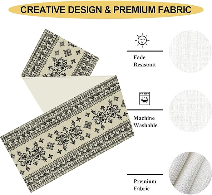 Black Floral Table Runner, Rustic Damask Antique Floral Retro Boho Art Linen Coffee Table Center Decor for Family Kitchen Farmhouse Holiday Party Table Decorations Indoor Outdoor 13x108 inch