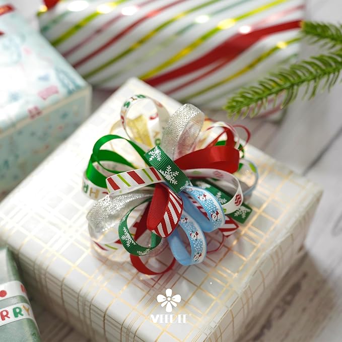 MEEDEE Christmas Ribbon 3/8 inch Thin Holiday Ribbon Set in Red, Green, White, Gold & Silver Color 12 Rolls 60 Yards Perfect for Gift Wrapping, Xmas Wreath Decor, Garlands, and Holiday Crafts