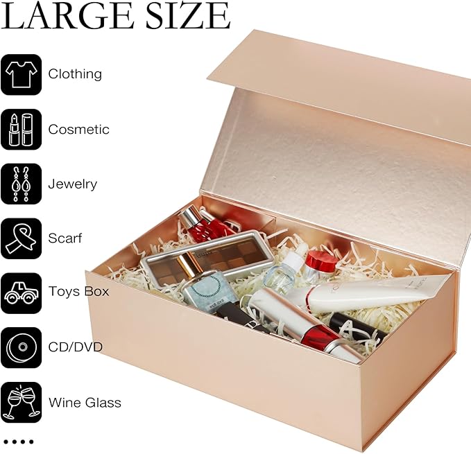 Rose Gold Christmas Gift Box with Magnetic Lid 13.8x8.3x4.4 in, Bridesmaid Groomsman Proposal Box, Large Rectangle Storage Box 1 Pack