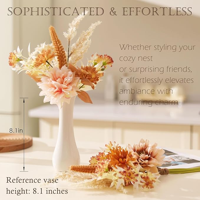 Fake Flower Bouquet, Faux Flower Arrangement for Decorating Kitchens, Bedrooms, Bathrooms, Realistic Artificial Flowers Made of Silk & Plastic, Floral Decoration with Dahlia & Small Blossoms