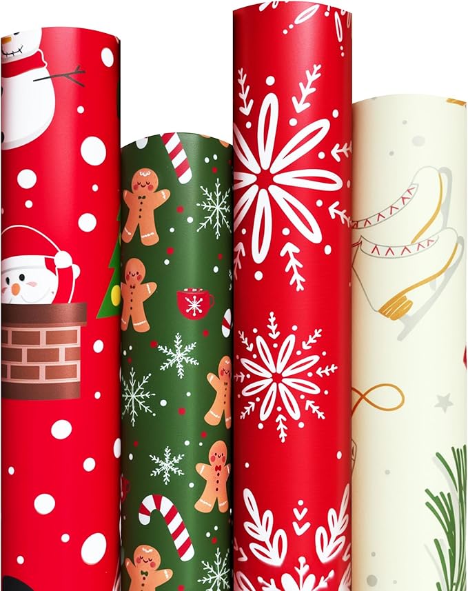 Christmas Wrapping Paper Set of 4 Rolls (93 sq. ft. ttl) With Colorful Holiday Patterns Santa Claus, Reindeer, Christmas Tree, Snowman, snowflakes for Gifts - 17 inches x 16.5 feet Per Roll