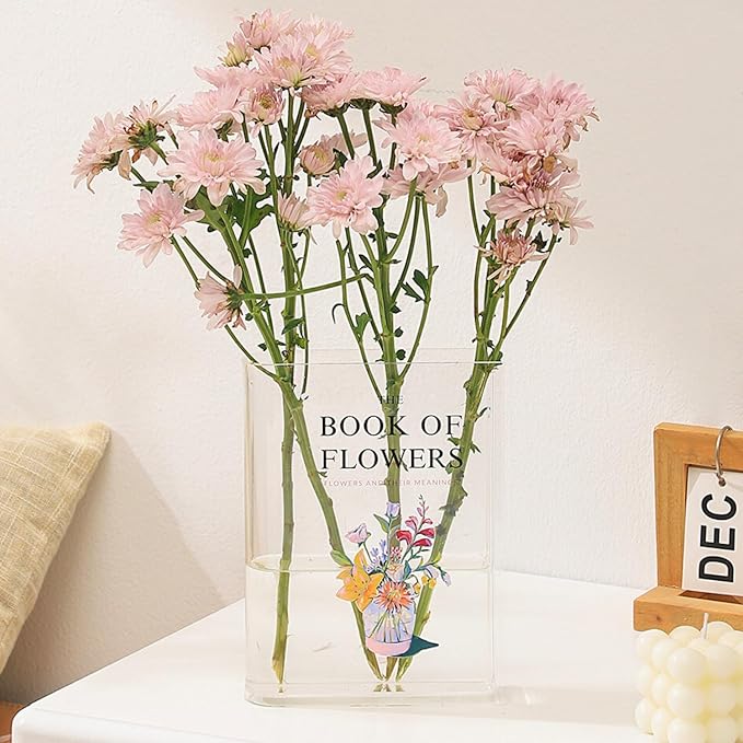 Book Vase for Flowers, Clear Acrylic Book Vases, Book Flower Vase, The Book About Flowers, Modern Decorative Vases for Home, Bedroom, Living Room, Dining Table