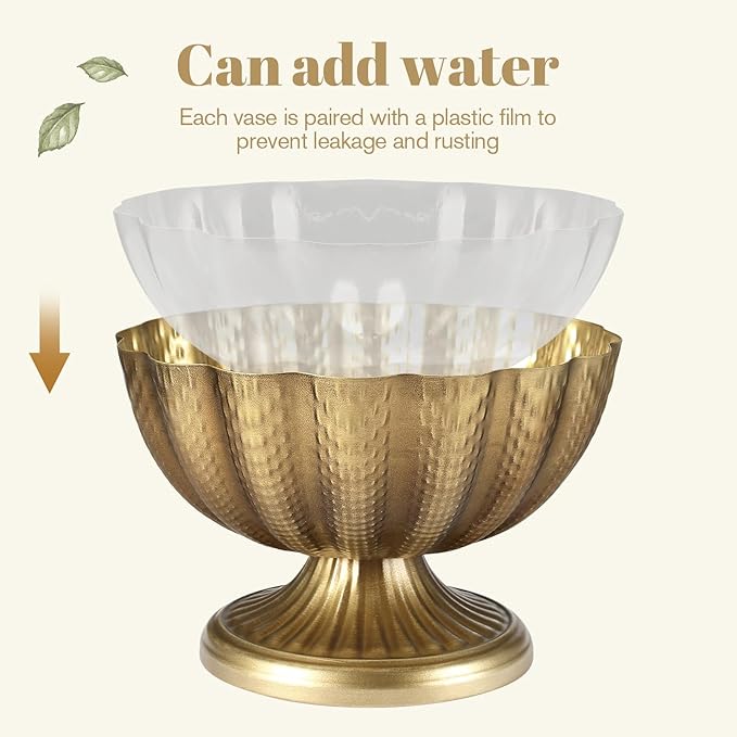 Set of 4, 9'' Wide 6.5'' High Distressed Gold Compote Pedestal Vases, Antique Metal Large Gold Compote Bowl Vase for Centerpieces with Waterproof Liner