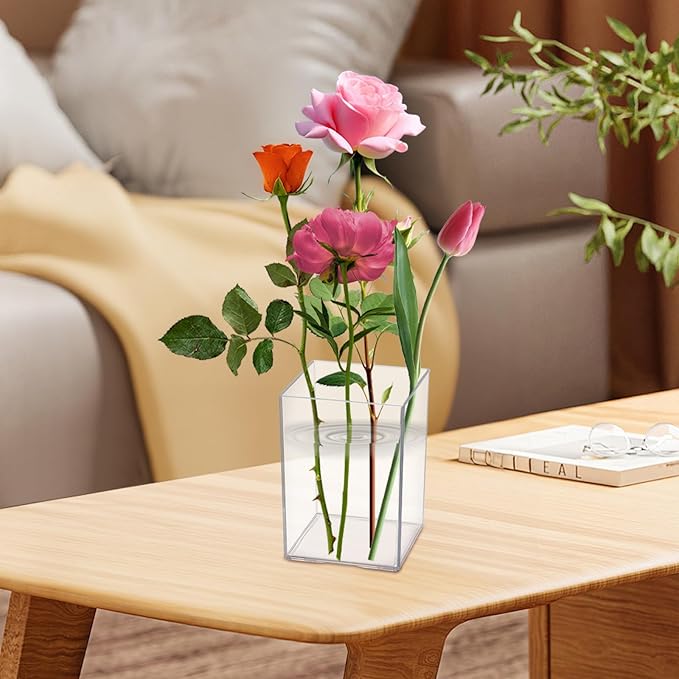 30 PCS Clear Square Vase 2.7'' x 2.7'' Plastic Flower Vases Centerpieces Cube Plastic Container Bulk Small Clear Flower Container for Home Office Wedding Party Decorations