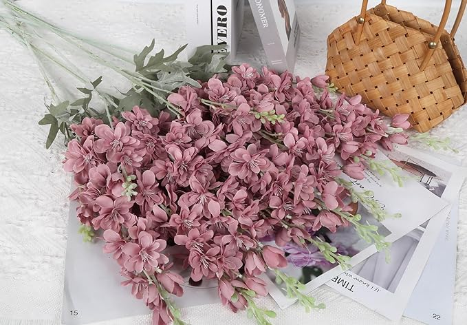 8PCS Delphinium Artificial Flowers Larkspur Fake Flowers 33.5in Long Stem Faux Silk Flowers for Tall Vases for Home Wedding Party Floral Arrangements Centerpiece Table Decorations (Cameo Brown)