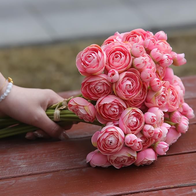 24 Pcs Ranunculus Artificial Flowers 10.5", Mini Faux Silk Ranunculus with Stem, Fake Flowers for Home Decor Indoor Wedding Bouquets Centerpieces (Coral)
