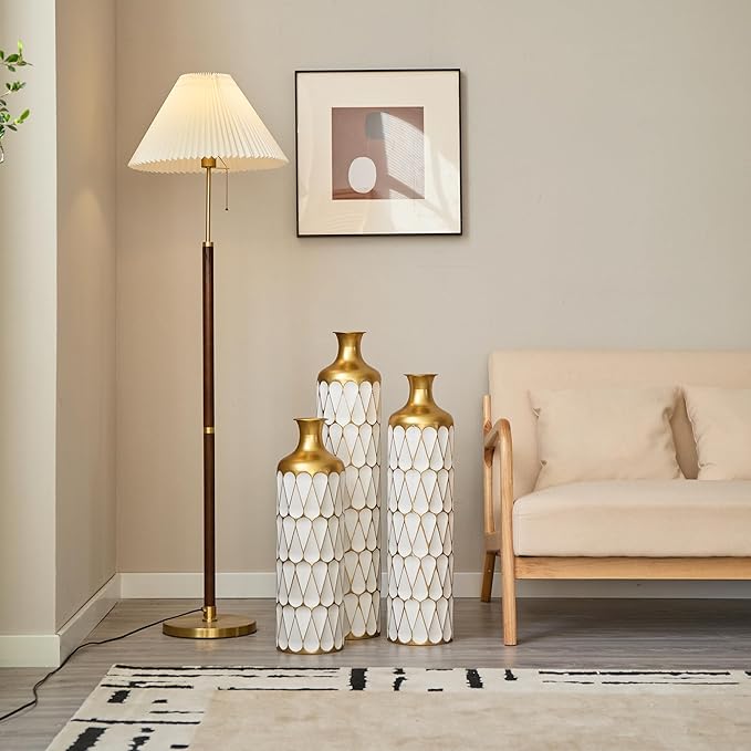 Floor Oversized Gold Metal Decorative Vase with 3D Triangle Pattern Set of 3 Large Vases for Home Living Room 33.5 ", 29.5 ", 25.2" High (Gold+Antique White)