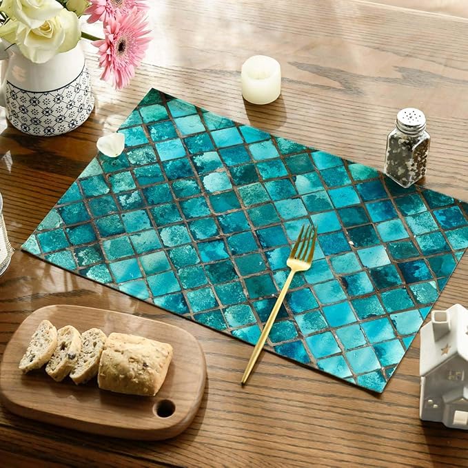 Placemats Set of 4 Square Glass Mosaic Place Mats Washable Table Dinner Mats Linen Table Mats for Kitchen Dining Party Home Kitchen Decor 12x18 Inch