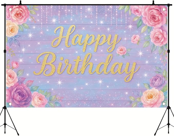 71 x 43 Inch Happy Birthday Backdrop Purple Pink Floral Glitter Rose Birthday Party Decorations Banner for Girls Women Kids Birthday Supplies Photo Booth Wall Backdrop Photography Props