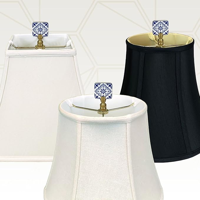 Royal Designs, Inc. Porcelain Square Design Finial for Lamp Shade, Polished Brass, Blue & White, Pack of 2