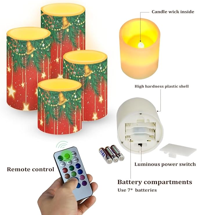 Set of 4 Flameless LED Candles with Battery Powered Pillar Candles Tealights with Remote Timer Color Changing Christmas Bulb Lights Red