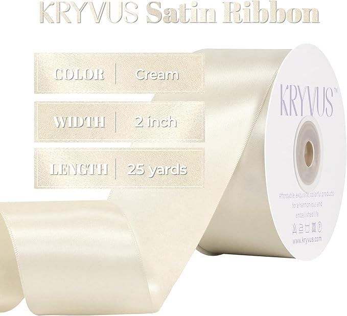 Cream Satin Ribbon, Double Faced 2 Inch X 25 Yards Cream Ribbon, Premium Satin Ribbons for Gift Wrapping, Crafts, Hair Bow Making, Sewing, Flower Bouquet, Wedding Party Decor