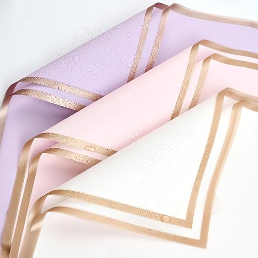 Jutieuo 20 Sheets Purple Flower Wrapping Paper, Waterproof Floral Wrap Gold Edge Bouquet Wrapping Paper Florist Supplies (22.8 x 22.8 inch)