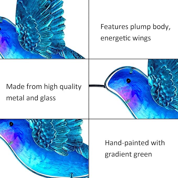 John's Studio Metal Hummingbird Wall Decor Bathroom Glass Art Iron Sculpture Outdoor Hanging Decoration for Home Bedroom Garden Patio Porch or Fence - Blue