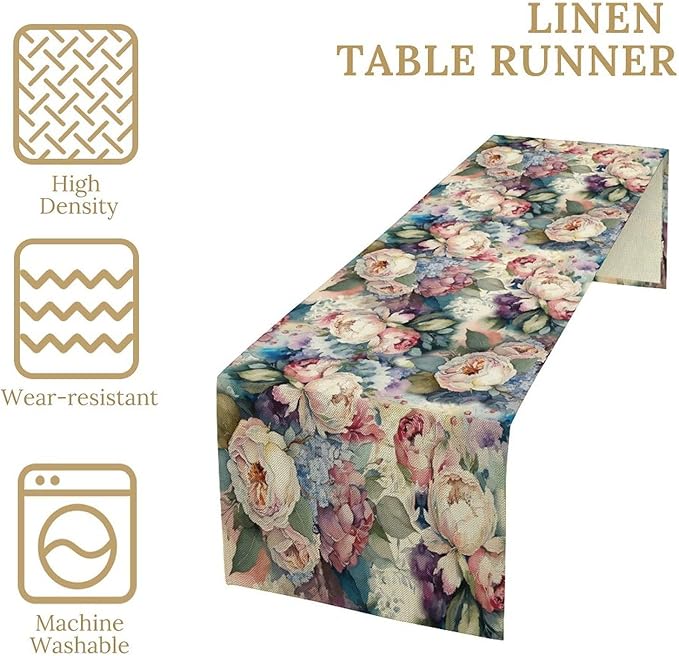 Vintage Floral Table Runner,Girls Women Rose Romantic Leaf Botanical Watercolor Pattern Print Burlap for Hotel Indoors Outdoor Dining Room Kitchen Holiday Party, 13x108in