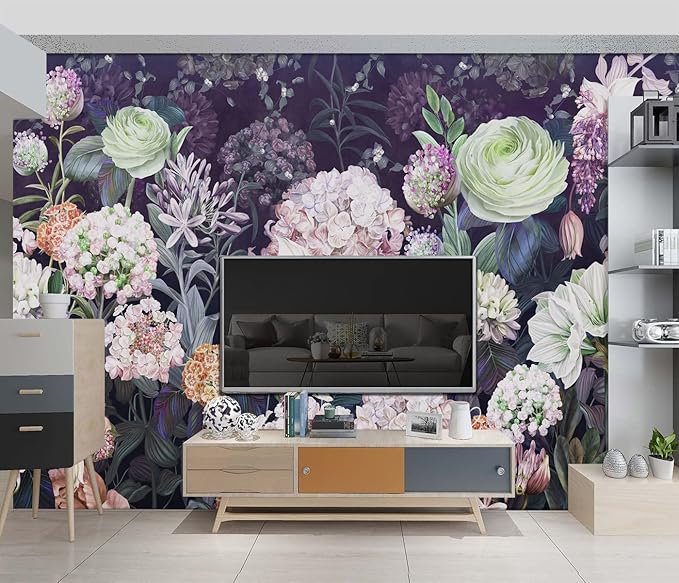 Black Floral Wallpaper Bedroom Purple Botanical Flowers Leaf murals Living Room tv Background Large Wall Mural Aesthetic Room Decor - 160"x108" Not Peel and Stick