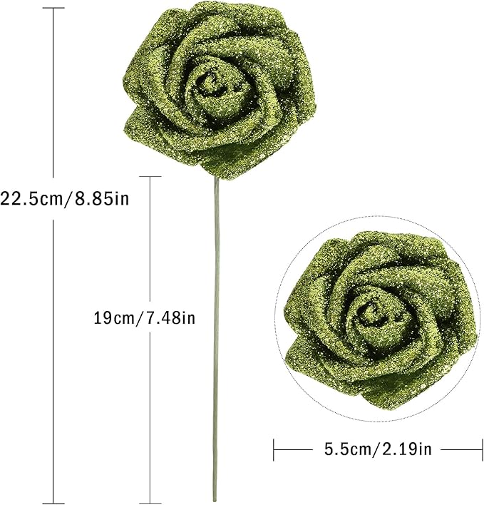 IPOPU Glitter Flowers, 25pcs Glitter Roses Green Foam Flowers Foam Roses with Stems for DIY Wedding Bridal Bouquet Home Party Decoration(Green)